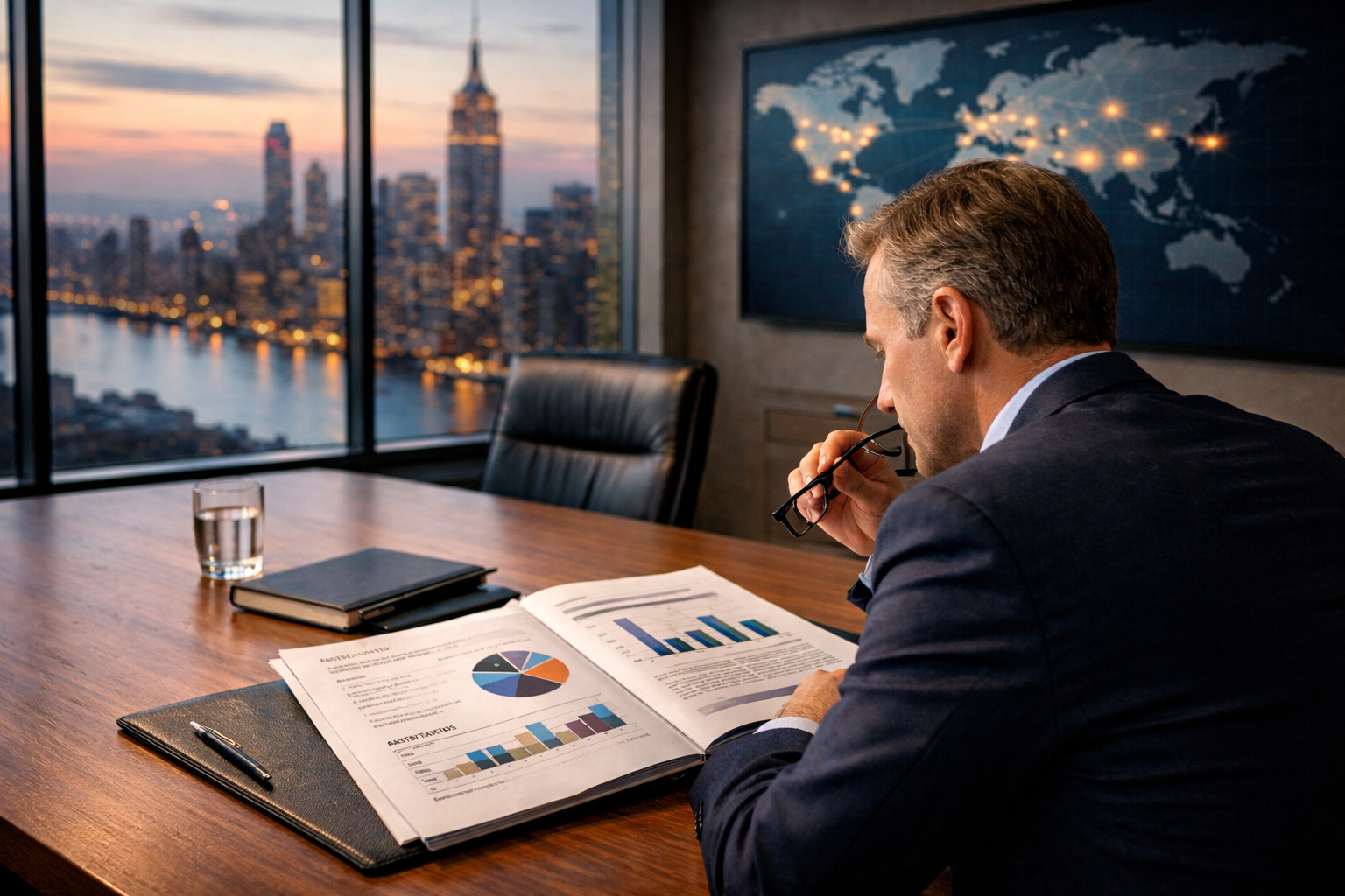 Investor analysiert einen Finanzreport mit Portfolio-Grafiken in einem Büro mit Blick auf eine internationale Skyline – Symbolbild für Family Offices und Private Market Investments.