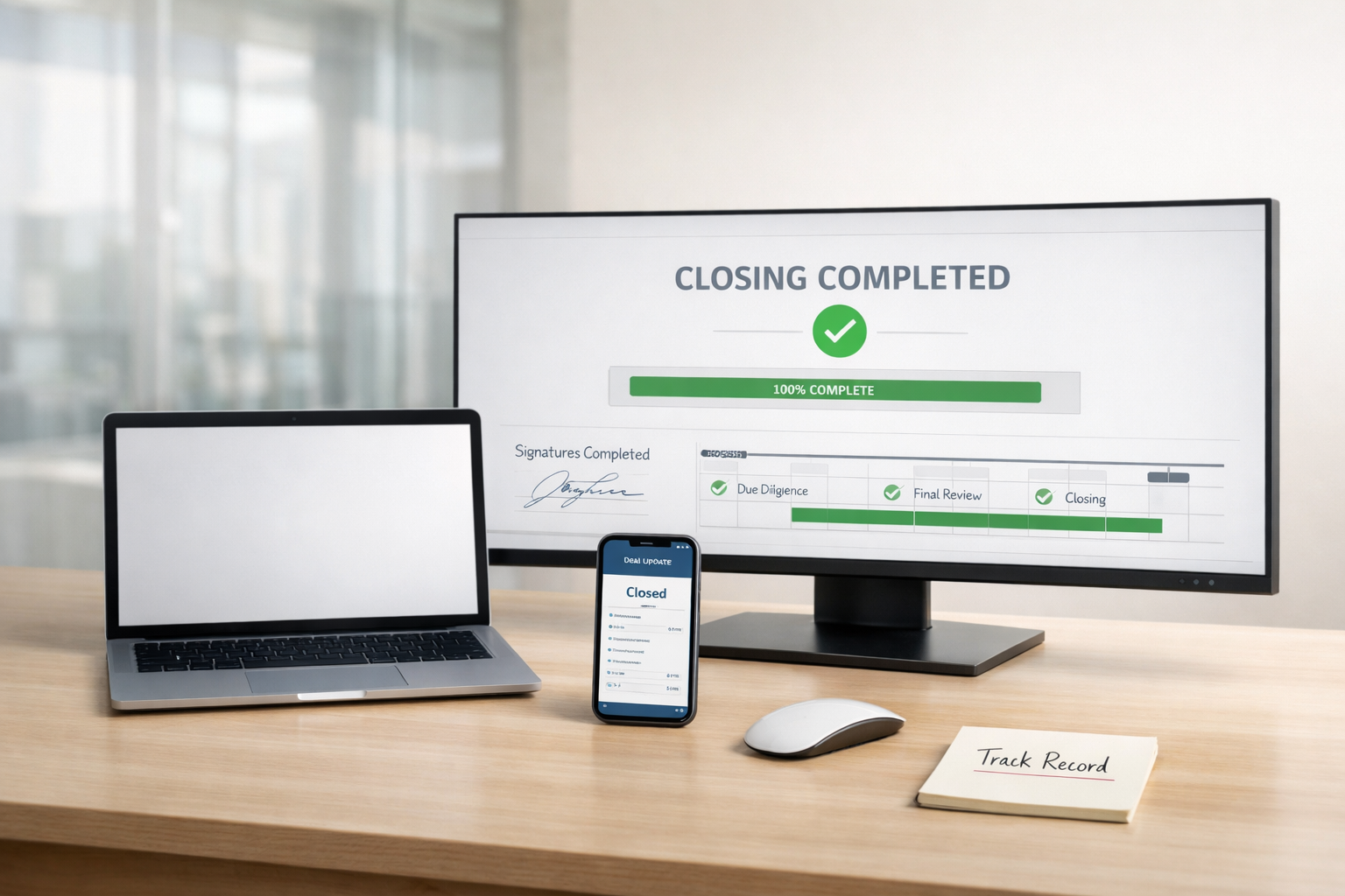 Moderner, minimalistischer Arbeitsplatz in hellem Büro: Laptop und großer Monitor zeigen ein digitales Closing-Dashboard („Closing completed“), daneben Smartphone mit Deal-Update und Notiz „Track Record“.